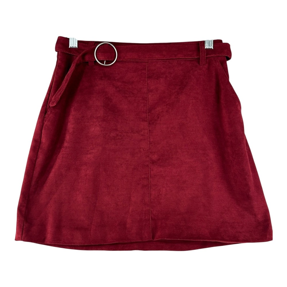Hollister Ultra High Rise Burgundy Mini Skirt Faux Suede‎ Womens Size Small Belt